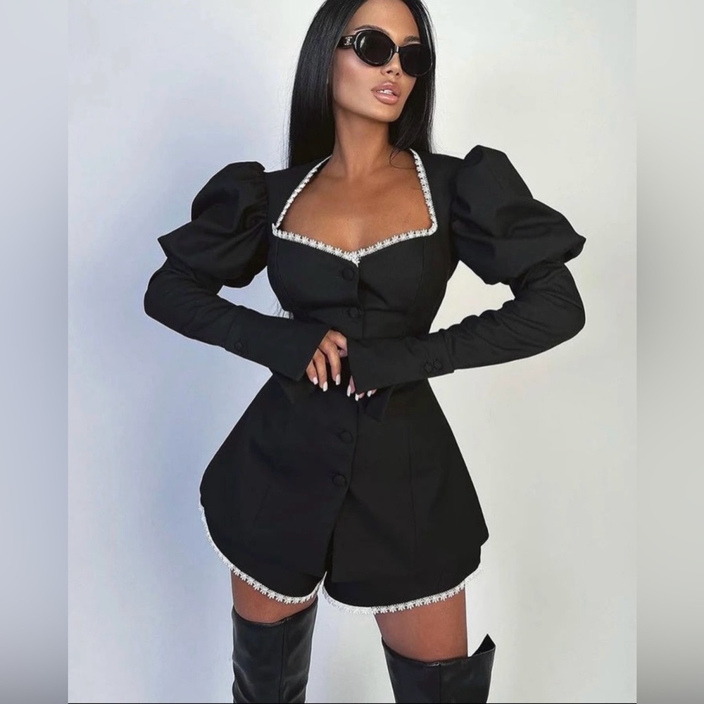 Elegant Black Puff Sleeve Blazer & Shorts
